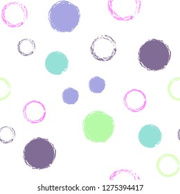 Polka dots pastel seamless pattern. Chalk brush hand drawn rounds, hoops, rings endless repeat print, circle geometric pattern. Trending pastel ornament background. Polka dot vector illustration.