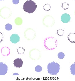 Polka dots pastel seamless pattern. Chalk brush hand drawn rounds, hoops, rings endless repeat print, circle geometric pattern. Trending pastel ornament background. Polka dot vector illustration.