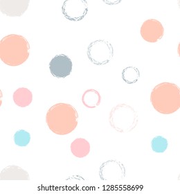 Polka dots pastel seamless pattern. Chalk brush hand drawn rounds, hoops, rings endless repeat print, abstract geometric pattern. Trending pastel ornament background. Polka dot vector illustration.