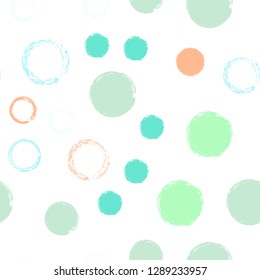 Polka dots pastel seamless pattern. Chalk brush hand drawn rounds, hoops, rings endless repeat print, circle geometric pattern. Trending pastel ornament background. Polka dot vector illustration.