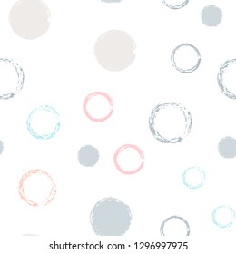 Polka dots pastel seamless pattern. Chalk brush hand drawn rounds, hoops, rings endless repeat print, abstract geometric pattern. Trending pastel ornament background. Polka dot vector illustration.