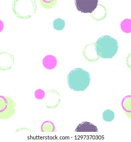 Polka dots pastel seamless pattern. Chalk brush hand drawn rounds, hoops, rings endless repeat print, circle geometric pattern. Trending pastel ornament background. Polka dot vector illustration.