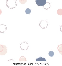 Polka dots pastel seamless pattern. Chalk brush hand drawn rounds, hoops, rings endless repeat print, circle geometric pattern. Trending pastel ornament background. Polka dot vector illustration.