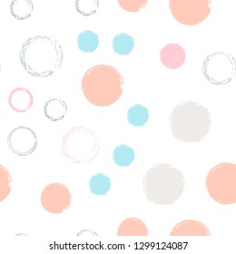 Polka dots pastel seamless pattern. Chalk brush hand drawn rounds, hoops, rings endless repeat print, abstract geometric pattern. Trending pastel ornament background. Polka dot vector illustration.