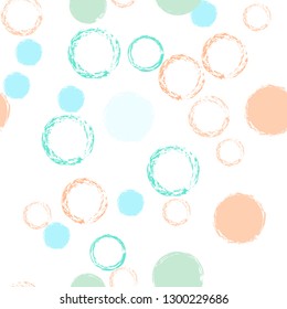 Polka dots pastel seamless pattern. Chalk brush hand drawn rounds, hoops, rings endless repeat print, circle geometric pattern. Trending pastel ornament background. Polka dot vector illustration.