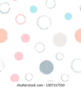 Polka dots pastel seamless pattern. Chalk brush hand drawn rounds, hoops, rings endless repeat print, abstract geometric pattern. Trending pastel ornament background. Polka dot vector illustration.