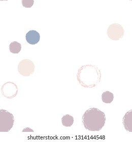 Polka dots pastel seamless pattern. Chalk brush hand drawn rounds, hoops, rings endless repeat print, circle geometric pattern. Trending pastel ornament background. Polka dot vector illustration.