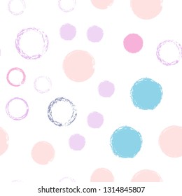 Polka dots pastel seamless pattern. Chalk brush hand drawn rounds, hoops, rings endless repeat print, circle geometric pattern. Trending pastel ornament background. Polka dot vector illustration.