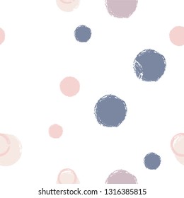 Polka dots pastel seamless pattern. Chalk brush hand drawn rounds, hoops, rings endless repeat print, circle geometric pattern. Trending pastel ornament background. Polka dot vector illustration.