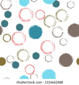 Polka dots pastel seamless pattern. Chalk brush hand drawn rounds, hoops, rings endless repeat print, abstract geometric pattern. Trending pastel ornament background. Polka dot vector illustration.