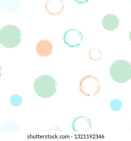 Polka dots pastel seamless pattern. Chalk brush hand drawn rounds, hoops, rings endless repeat print, circle geometric pattern. Trending pastel ornament background. Polka dot vector illustration.