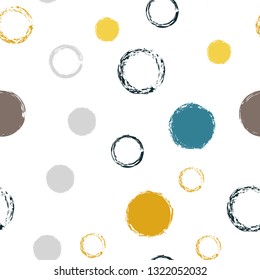 Polka dots pastel seamless pattern. Chalk brush hand drawn rounds, hoops, rings endless repeat print, abstract geometric pattern. Trending pastel ornament background. Polka dot vector illustration.