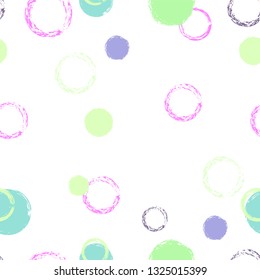 Polka dots pastel seamless pattern. Chalk brush hand drawn rounds, hoops, rings endless repeat print, circle geometric pattern. Trending pastel ornament background. Polka dot vector illustration.