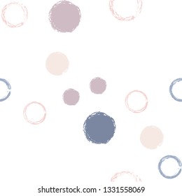Polka dots pastel seamless pattern. Chalk brush hand drawn rounds, hoops, rings endless repeat print, circle geometric pattern. Trending pastel ornament background. Polka dot vector illustration.