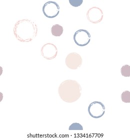 Polka dots pastel seamless pattern. Chalk brush hand drawn rounds, hoops, rings endless repeat print, circle geometric pattern. Trending pastel ornament background. Polka dot vector illustration.