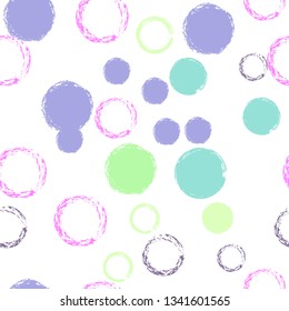 Polka dots pastel seamless pattern. Chalk brush hand drawn rounds, hoops, rings endless repeat print, circle geometric pattern. Trending pastel ornament background. Polka dot vector illustration.
