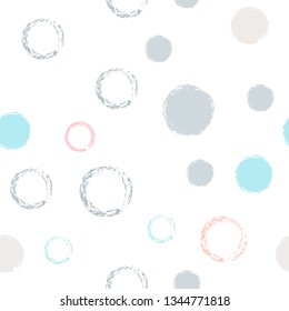 Polka dots pastel seamless pattern. Chalk brush hand drawn rounds, hoops, rings endless repeat print, abstract geometric pattern. Trending pastel ornament background. Polka dot vector illustration.