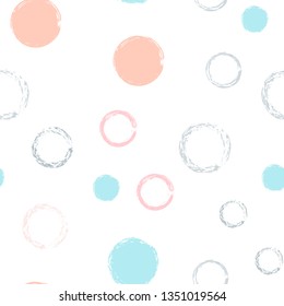 Polka dots pastel seamless pattern. Chalk brush hand drawn rounds, hoops, rings endless repeat print, abstract geometric pattern. Trending pastel ornament background. Polka dot vector illustration.