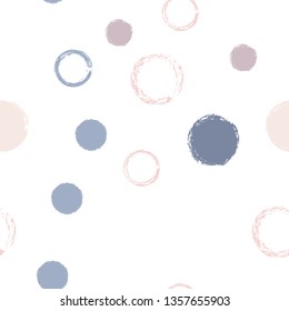 Polka dots pastel seamless pattern. Chalk brush hand drawn rounds, hoops, rings endless repeat print, circle geometric pattern. Trending pastel ornament background. Polka dot vector illustration.