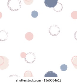 Polka dots pastel seamless pattern. Chalk brush hand drawn rounds, hoops, rings endless repeat print, circle geometric pattern. Trending pastel ornament background. Polka dot vector illustration.