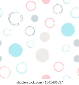 Polka dots pastel seamless pattern. Chalk brush hand drawn rounds, hoops, rings endless repeat print, abstract geometric pattern. Trending pastel ornament background. Polka dot vector illustration.