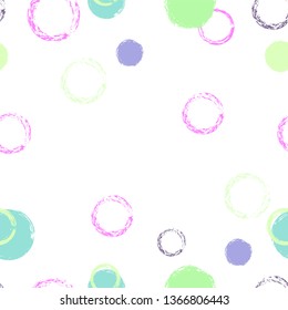 Polka dots pastel seamless pattern. Chalk brush hand drawn rounds, hoops, rings endless repeat print, circle geometric pattern. Trending pastel ornament background. Polka dot vector illustration.