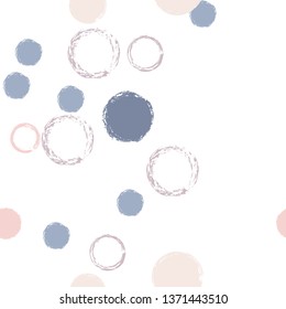 Polka dots pastel seamless pattern. Chalk brush hand drawn rounds, hoops, rings endless repeat print, circle geometric pattern. Trending pastel ornament background. Polka dot vector illustration.