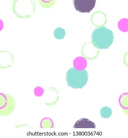 Polka dots pastel seamless pattern. Chalk brush hand drawn rounds, hoops, rings endless repeat print, circle geometric pattern. Trending pastel ornament background. Polka dot vector illustration.