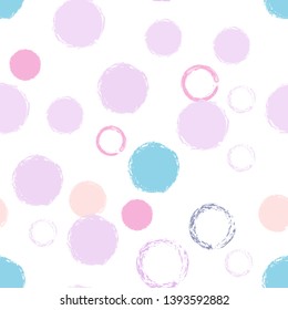 Polka dots pastel seamless pattern. Chalk brush hand drawn rounds, hoops, rings endless repeat print, circle geometric pattern. Trending pastel ornament background. Polka dot vector illustration.