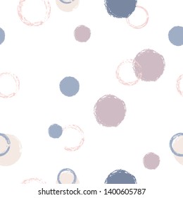Polka dots pastel seamless pattern. Chalk brush hand drawn rounds, hoops, rings endless repeat print, circle geometric pattern. Trending pastel ornament background. Polka dot vector illustration.