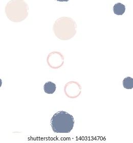 Polka dots pastel seamless pattern. Chalk brush hand drawn rounds, hoops, rings endless repeat print, circle geometric pattern. Trending pastel ornament background. Polka dot vector illustration.