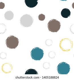 Polka dots pastel seamless pattern. Chalk brush hand drawn rounds, hoops, rings endless repeat print, abstract geometric pattern. Trending pastel ornament background. Polka dot vector illustration.