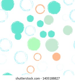 Polka dots pastel seamless pattern. Chalk brush hand drawn rounds, hoops, rings endless repeat print, circle geometric pattern. Trending pastel ornament background. Polka dot vector illustration.