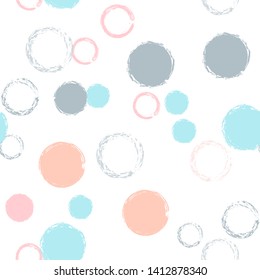 Polka dots pastel seamless pattern. Chalk brush hand drawn rounds, hoops, rings endless repeat print, abstract geometric pattern. Trending pastel ornament background. Polka dot vector illustration.