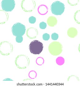 Polka dots pastel seamless pattern. Chalk brush hand drawn rounds, hoops, rings endless repeat print, circle geometric pattern. Trending pastel ornament background. Polka dot vector illustration.