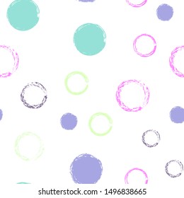 Polka dots pastel seamless pattern. Chalk brush hand drawn rounds, hoops, rings endless repeat print, circle geometric pattern. Trending pastel ornament background. Polka dot vector illustration.