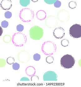 Polka dots pastel seamless pattern. Chalk brush hand drawn rounds, hoops, rings endless repeat print, circle geometric pattern. Trending pastel ornament background. Polka dot vector illustration.