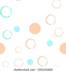 Polka dots pastel seamless pattern. Chalk brush hand drawn rounds, hoops, rings endless repeat print, circle geometric pattern. Trending pastel ornament background. Polka dot vector illustration.