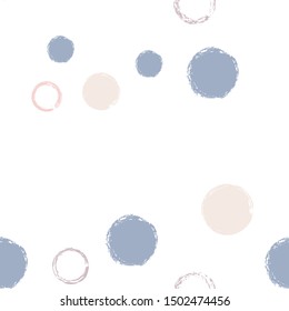 Polka dots pastel seamless pattern. Chalk brush hand drawn rounds, hoops, rings endless repeat print, circle geometric pattern. Trending pastel ornament background. Polka dot vector illustration.