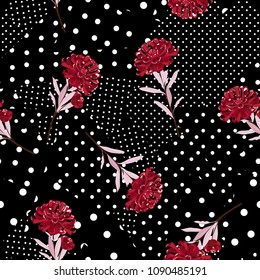 Polka dots pattern mix in different size of circle on top with oriental blooming red flowers seamless pattern vector for fashion fabric and all prints on black color background.