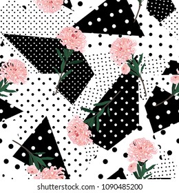 Polka dots pattern mix in different size of circle on top with oriental blooming soft pink flowers seamless pattern vector for fashion fabric and all prints