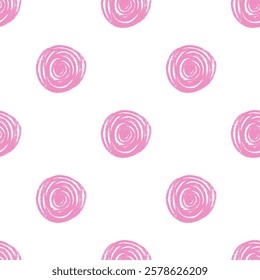 Polka dots pink seamless pattern crayon drawn. Circle spins endless background. Birthday round spirals by pencil repeat cover. Scribble spots marker draw. Vector surface design festive motif.