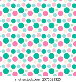 Polka dots repeat pattern.Seamless pattern with colorful round circles isolated on white background.Geometric shape abstract vector graphic illustration background wallpaper.