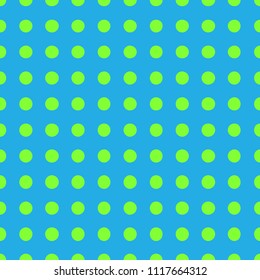 Polka dots seamless background. Geometric repeating pattern. Vector illustration. Bright green dots on blue background