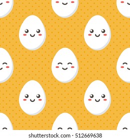 Polka dots seamless pattern background with cute smiling chicken eggs.
