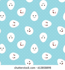 Polka dots seamless pattern background with cute smiling chicken eggs.

