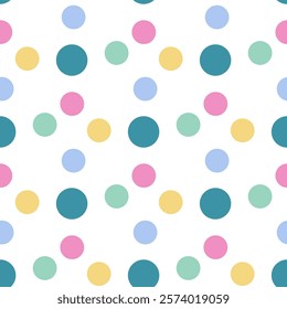 Polka dots seamless pattern. Circle confetti endless background. Birthday round elements repeat cover. Chaotic spots continuous ornament. Surface design festive motif. Vector illustration.