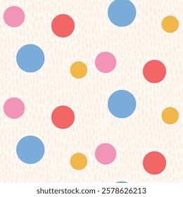 Polka dots seamless pattern. Circle confetti endless background. Birthday round elements repeat cover. Colorful chaotic spots continuous ornament. Surface design festive motif. Vector illustration.