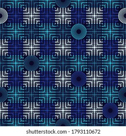 El polka tiene un patrón impecable. Círculos de puntos. Mosaico de figuras étnicas. Textura con patrones. Fondo geométrico. Ilustración vectorial para diseño web o impresión.