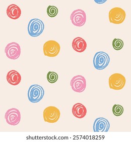 Polka dots seamless pattern crayon drawn. Circle confetti endless background. Birthday round points by pencil repeat cover. Scribble spots marker draw. Vector surface design festive motif.